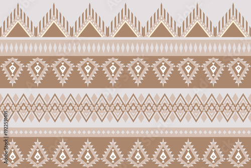 Seamless geometric tribal pattern with diamond medallions and abstract motifs in warm beige and brown tones. Ethnic ornamental vector design for textile, wallpaper, and print.