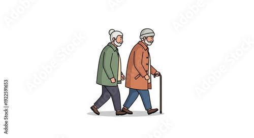 Two elderly people walking together with a cane.