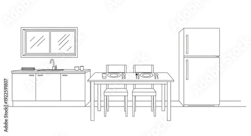 Simple kitchen interior sketch with refrigerator and dining table.