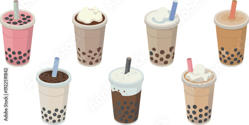 Collection of colorful bubble milk tea cups with tapioca pearls, assorted boba drinks isolated on white background