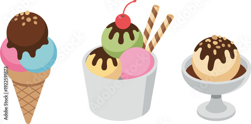 Colorful ice cream cone, sundae cup and bowl dessert set with chocolate topping, cherry, wafer rolls, flat illustration