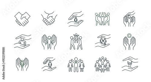 Set of hand-drawn icons representing support and care.