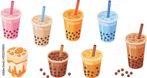Flat isometric illustration of colorful bubble tea cups with tapioca pearls, assorted boba drinks set isolated background