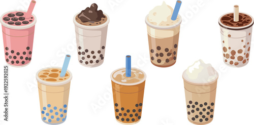 Set of bubble milk tea cups with tapioca pearls, colorful boba drinks collection isolated on white background