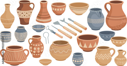 Traditional handcrafted pottery collection with ceramic vases bowls and clay sculpting tools, artisan workshop illustration set