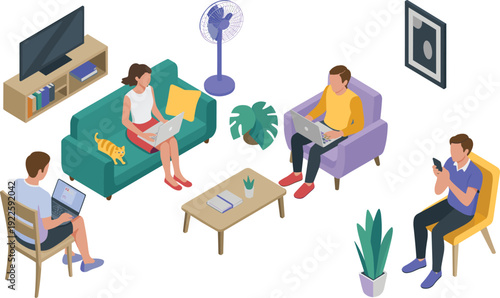 Isometric modern living room with family using laptops and smartphones, remote work, online learning, digital home lifestyle illustration