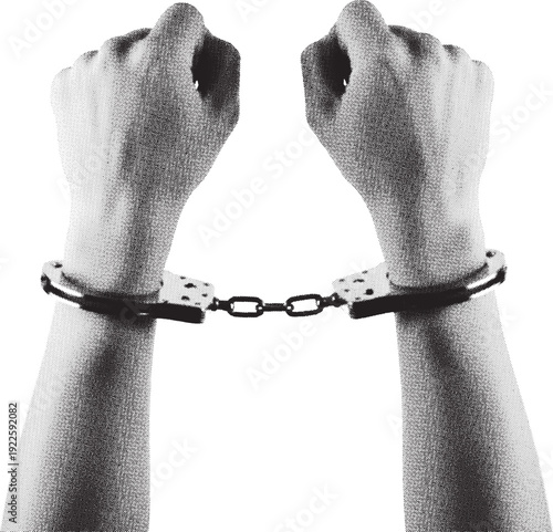 Hands in handcuffs retro halftone collage. Halftone collage elements. Vector illustration.