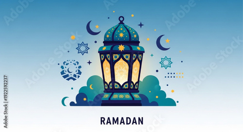 Ramadan lantern with crescent moons and Islamic patterns.