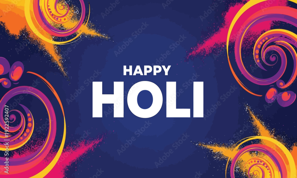 Obraz premium Happy Holi Festival India Graphic – Bold Text with Vibrant Swirling Color Bursts