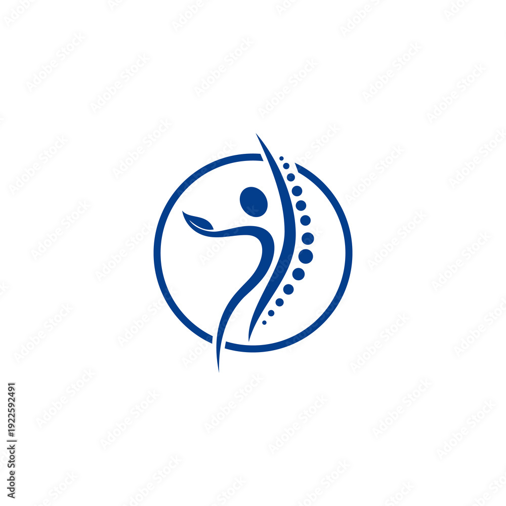 Fototapeta premium Abstract human figure with spine design in a blue circle representing health and wellness.
