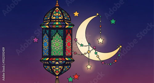 Ramadan lantern and crescent moon with stars illustration.