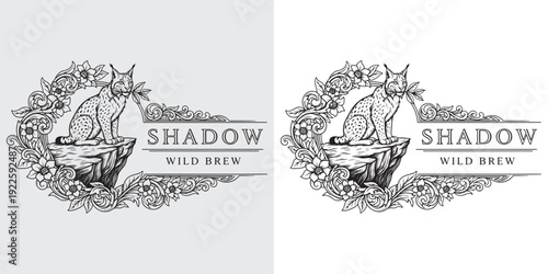 Vintage Lynx Wild Brew Logo Engraving Style Floral Ornament