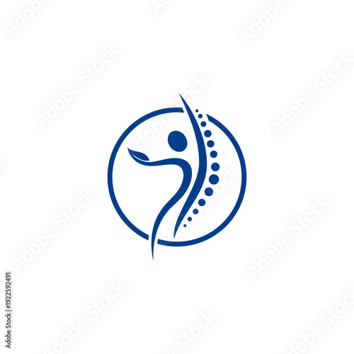 Abstract human figure with spine design in a blue circle representing health and wellness.
