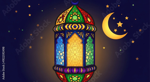 Ramadan lantern and crescent moon with stars.