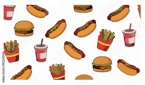 Cartoon Fast Food Pattern with Burgers Hot Dogs and Fries