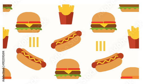 Fast Food Seamless Pattern with Burger Hot Dog and Fries