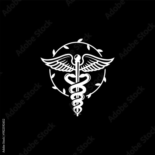 Caduceus symbol with wings and intertwined snakes in a circular wreath.