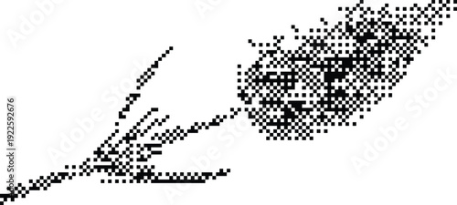 Black and white pixel art leaf on stem with retro dithered shading isolated