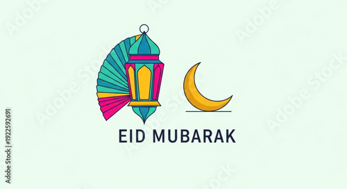 Ramadan lantern and crescent moon illustration Eid Mubarak greeting.