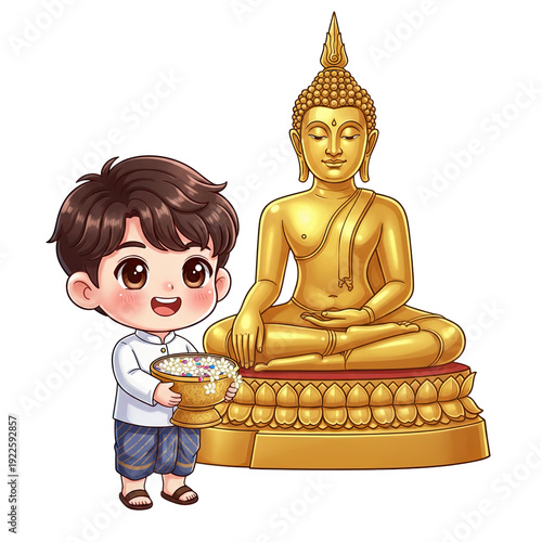 Cute boy in traditional attire offering flowers to a serene golden seated Buddha statue
