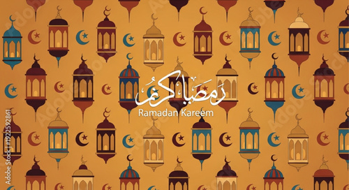 Ramadan Kareem lanterns and crescent moons festive background.