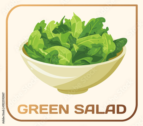 Cartoon bowl of fresh green salad vector illustration, natural ingredient for a healthy dinner. Crisp spinach and other leafy greens piled high, organic and wholesome qualities food icon. 