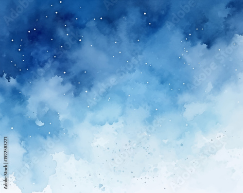 Frosty Blue Night Sky Celestial Watercolor Background Vector Design. Serene beauty of a frosty winter night. Soft, fluffy clouds in shades of blue, misty and ethereal atmosphere. Twinkling stars