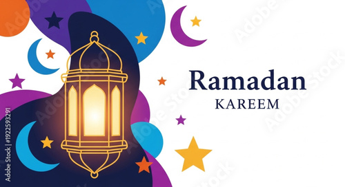 Ramadan Kareem lantern with crescent moons and stars.