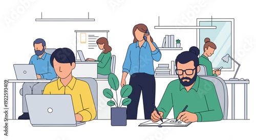 Office workers collaborating and working on laptops and documents in a modern office setting, showcasing productivity and teamwork