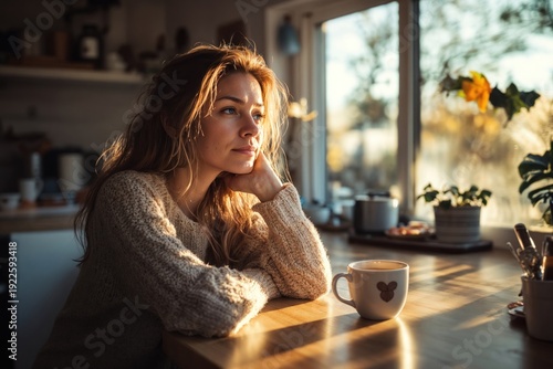 romantic dreamy woman drinking tea alone by the window on spring day