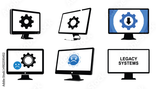 Computer monitors displaying various icons representing system processes and errors