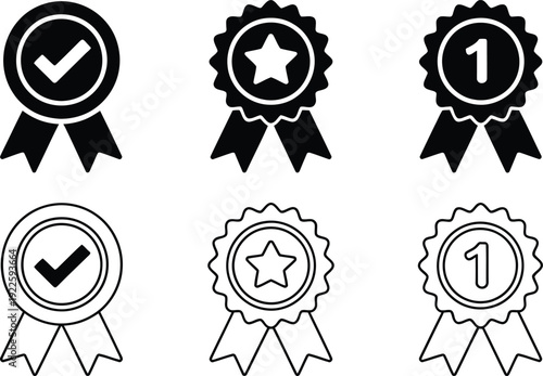 Award ribbon icons set, black and white quality badges with star and checkmark, 6 vector medal elements for achievement and ranking