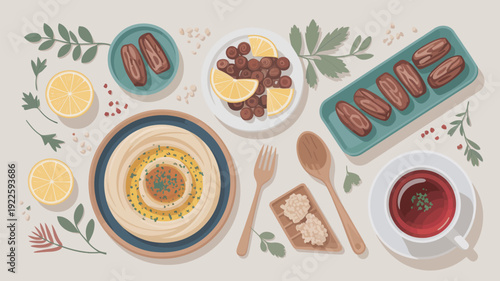 A vibrant and colorful illustration of a Middle Eastern inspired meal with various dishes and utensils