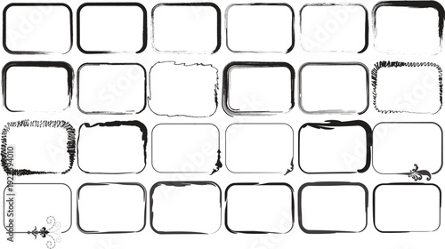 Set of black grunge textured rectangular borders and distressed frame design elements isolated