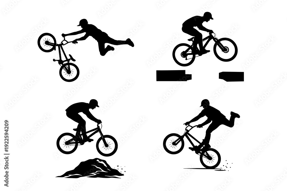 Obraz premium Set of black cyclist silhouettes doing BMX and mountain bike tricks: jump over obstacles, wheelie, airborne stunt and dirt trail ride. Clean extreme sport icons for posters and apparel.