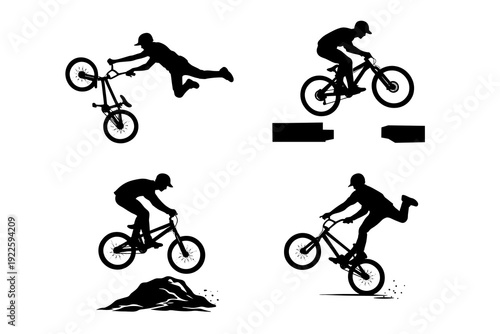 Set of black cyclist silhouettes doing BMX and mountain bike tricks: jump over obstacles, wheelie, airborne stunt and dirt trail ride. Clean extreme sport icons for posters and apparel.