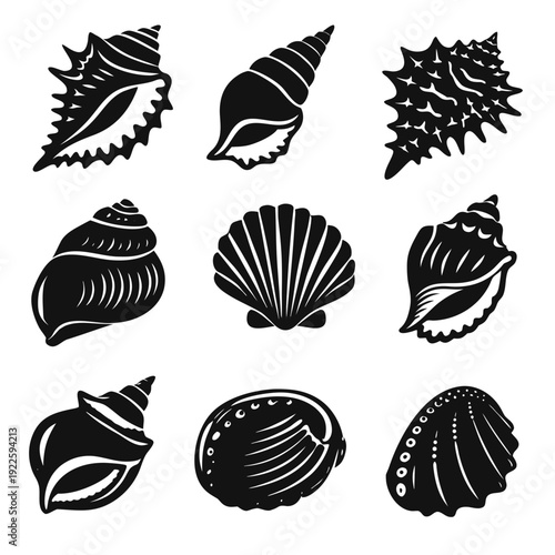 Black silhouette seashell collection with conch, spiral shells and scallop, isolated on white background. Summer beach concept for marine nature, ocean travel and seaside decor.