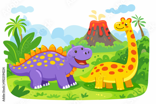 Playful cartoon dinosaurs in tropical valley with erupting volcano, palm trees and lush plants. Purple stegosaurus meets yellow longneck in bright preschool vector scene with lava for kids.