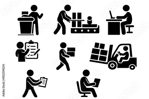 Black worker pictogram icon set: cleaning, factory operation, office laptop work, inspection checklist, box carrying, forklift driving, and paperwork tasks. Workforce logistics concept.