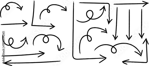 A hand drawn diagram of various arrow styles and directions on a white background