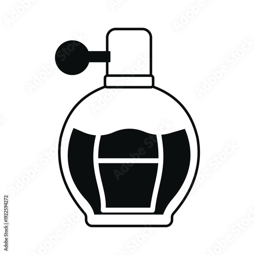 A simple black and white illustration of a perfume bottle with a spray nozzle