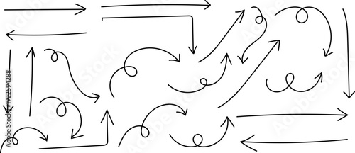 A complex composition of various curved and straight arrows in a chaotic yet harmonious arrangement on a plain white background