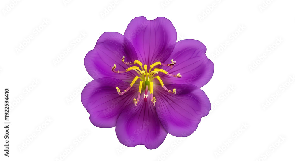 Obraz premium Purple flower with yellow center, isolated on white background