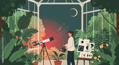 Person observing the night sky with a telescope in a greenhouse.