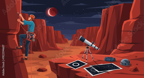 Rock climber ascending a red rock formation under a lunar eclipse.