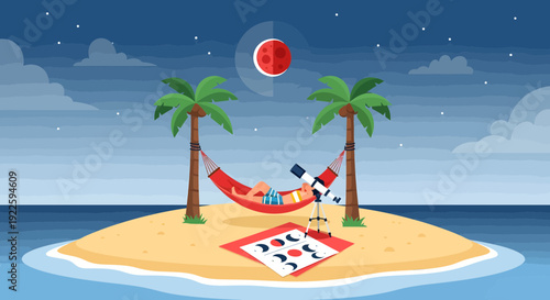 Person relaxing in a hammock on a tropical island under a blood moon.