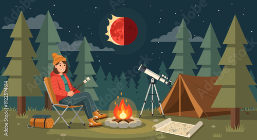 Woman camping and stargazing during a lunar eclipse.