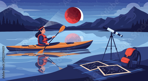 Woman kayaking on a lake during a lunar eclipse with a telescope nearby.