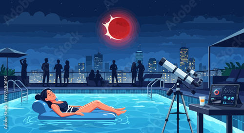 Woman floating on a pool raft during a lunar eclipse event.