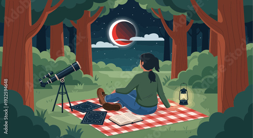 Woman observing a blood moon eclipse with a telescope in a forest.
